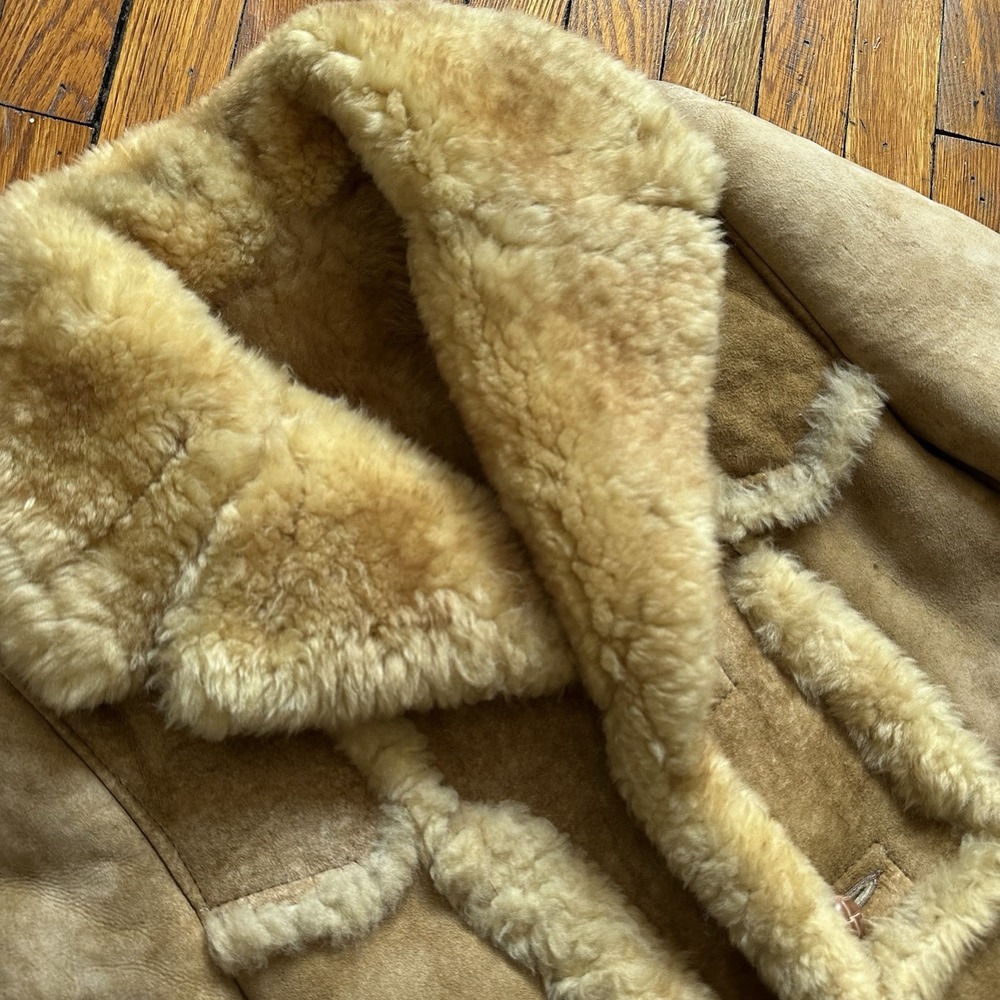 Vtg 70s Shearling Milano Lambskin Sheepskin Patchwork Coat Women 34 S Beige Tan - Picture 4 of 12